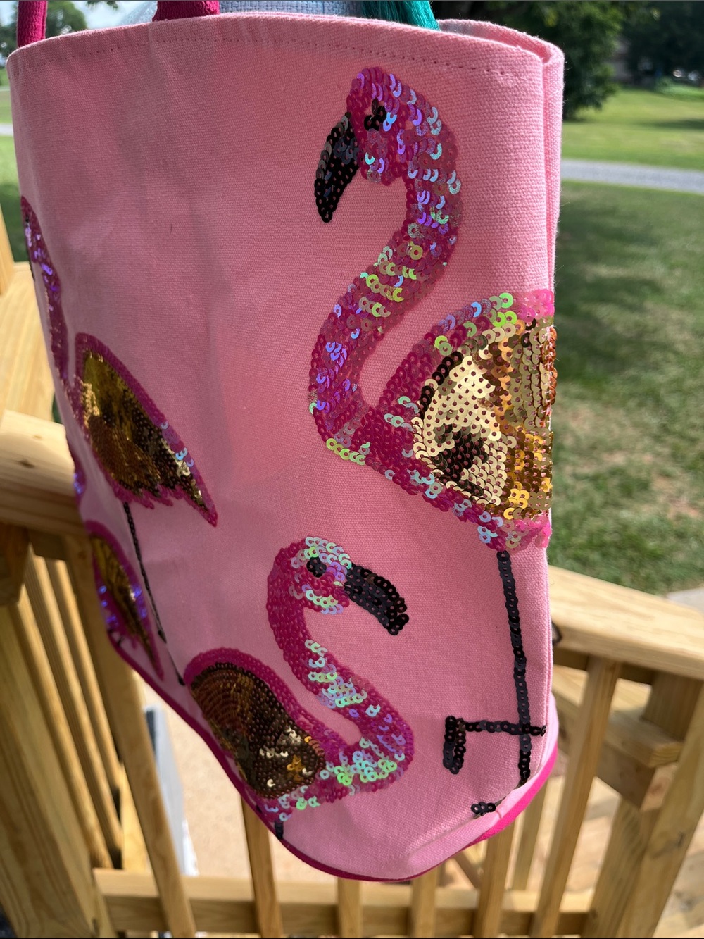 Pink Sequin Flamingo Tote Book Bag Farmers Market Tote - Picture 3 of 10